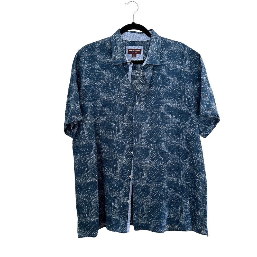 Johnston & Murphy Mens XL Blue 100%‎ Linen Tropical Palm Print Button Down Shirt